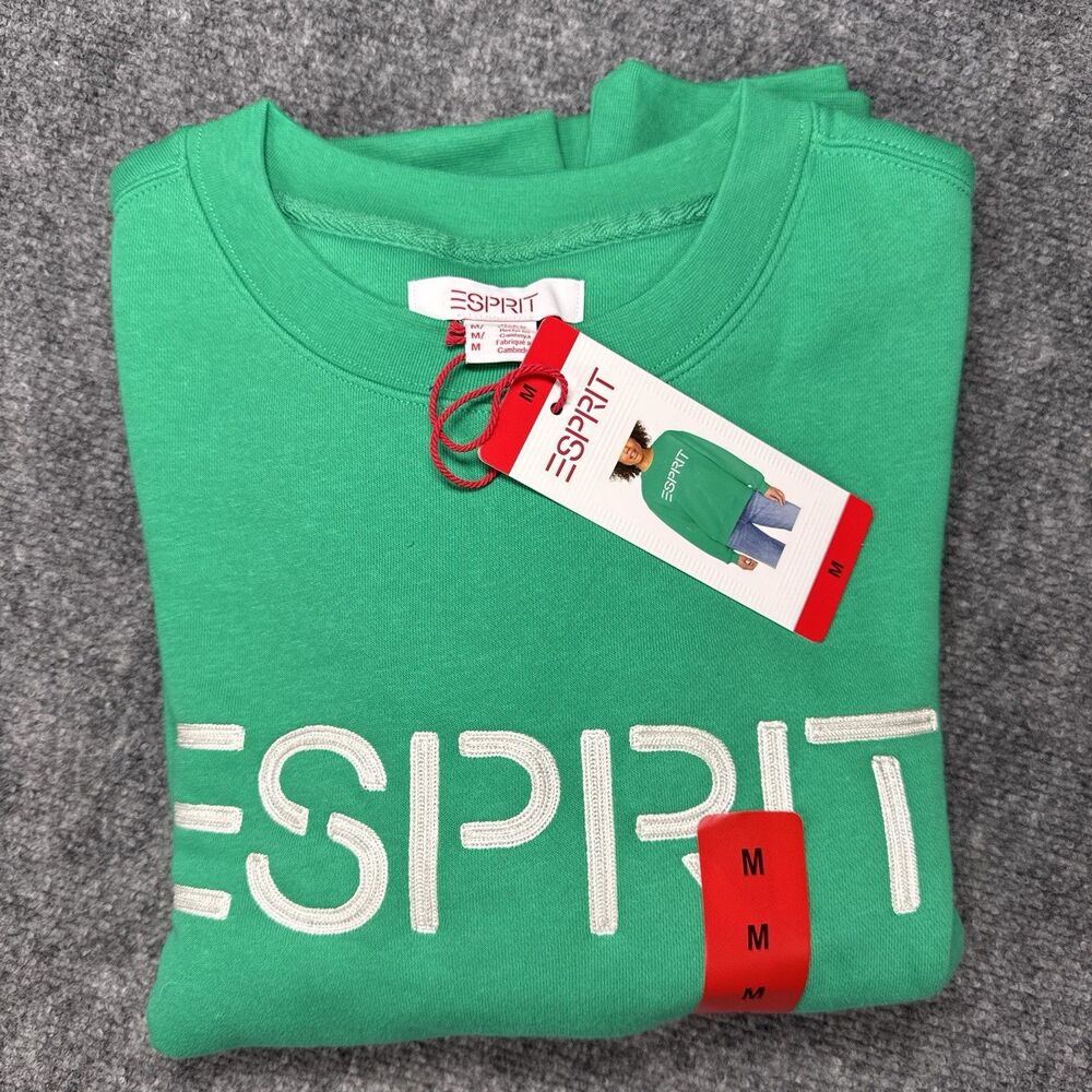 Esprit Women's Logo Fleece Crewneck Sweatshirt Green Viral 80's Costco MED NEW - Picture 2 of 6